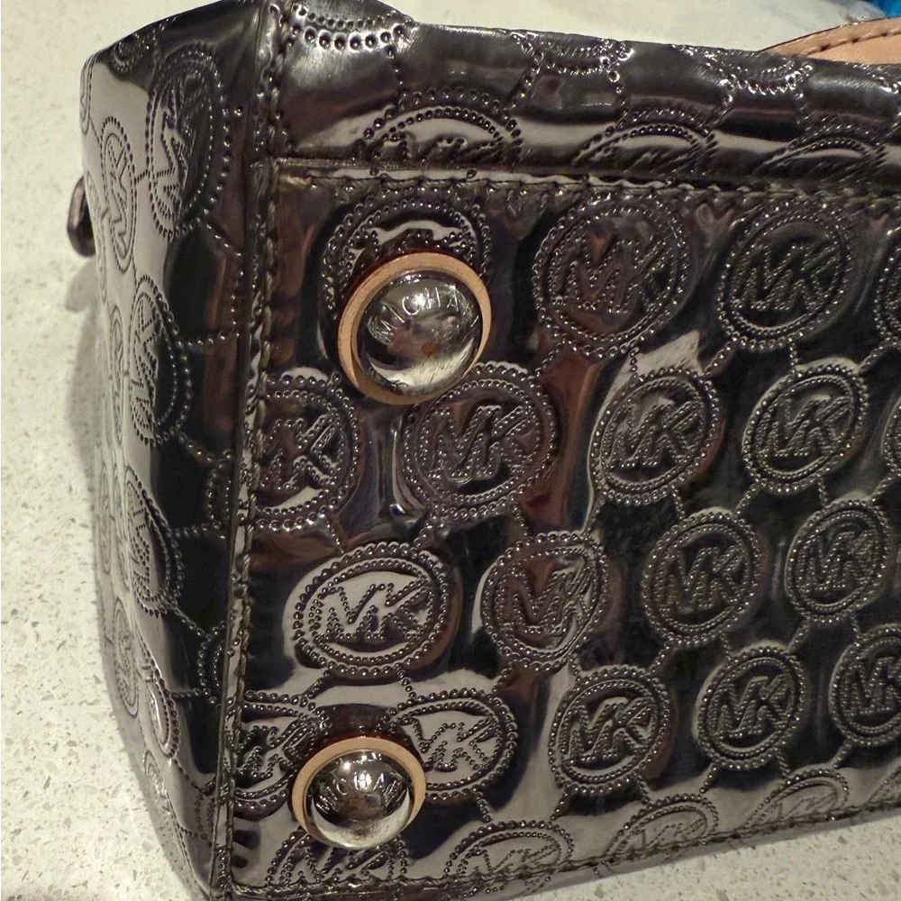 Michael Kors Shiny Silver and Tan Satchel